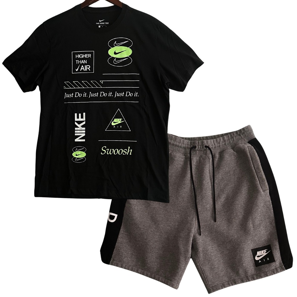 Nike Air Mens L Set All Over T-Shirt & Fleece Shorts Black Grey Large